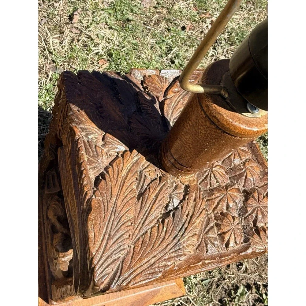2 Vintage Rare Hand Carved Teakwood Table Lamps Tropical Farm Village Scene